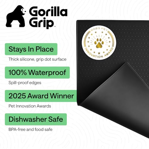 Image of GORILLA GRIP 100% Waterproof Raised Edge BPA Free Silicone Pet Feeding Mat, Dog Cat Food Mats Contain Spills Protects Floors, Placemats for Cats and Dogs Water Bowl, Pets Accessories 23x15 Black