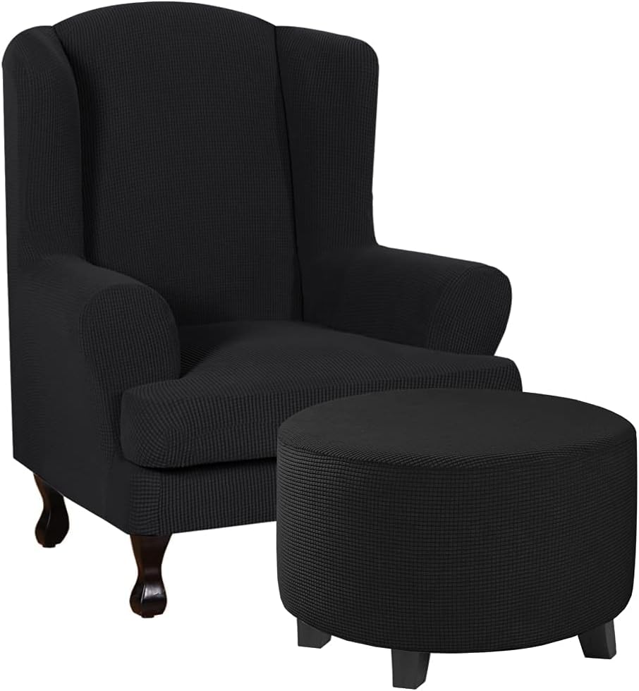 H.VERSAILTEX 2 Piece Wing Chair Covers Bundles Round Ottoman Slipcover(Medium, Black)