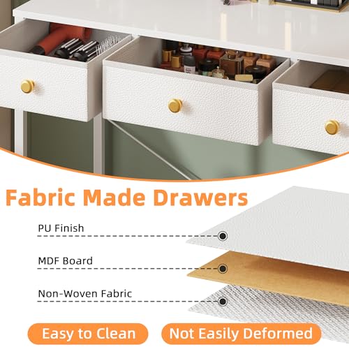 Image of HIGDBFE Small Makeup Vanity Desk 40''W with Mirror and Lights, 3 Drawers | USB Lighted Mirror, Height-Adjustable Stand, Fabric Drawers, Girls /Kids Gifts, Bedroom, Small Space, Dorm, White