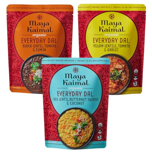 Image of Maya Kaimal - Organic Indian Everyday Dal Variety Pack (Red, Black, Yellow Lentil) - Fully Cooked Ready to Eat Meal - Vegan - Microwavable (Pack of 6, Lovers Variety Pack)