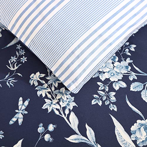 Image of Laura Ashley- King Comforter Set, Cotton Reversible Bedding Set, Includes Matching Shams with Bonus Euro Shams & Throw Pillow Covers (Branch Toile Blue, King)