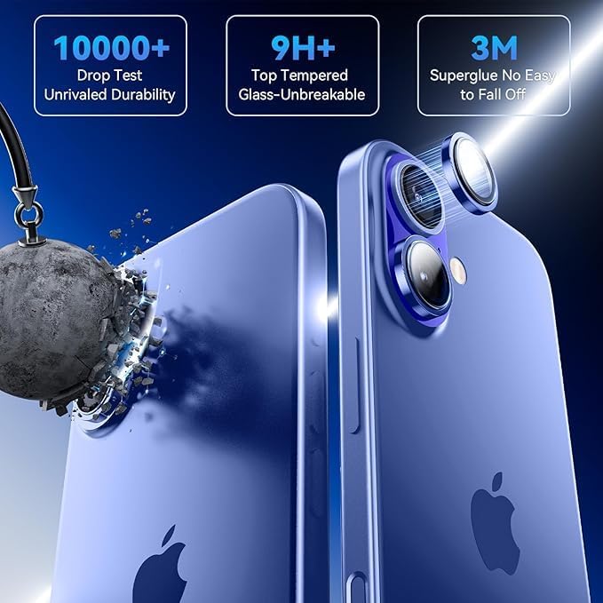Image of RODMED Premium Camera Lens Protector Compatible For iPhone 16 Plus (Blue) Camera Lens Protector - 9H Tempered Glass, Military-Grade Anti-Scratch, Case-Friendly, Easy Install Frame