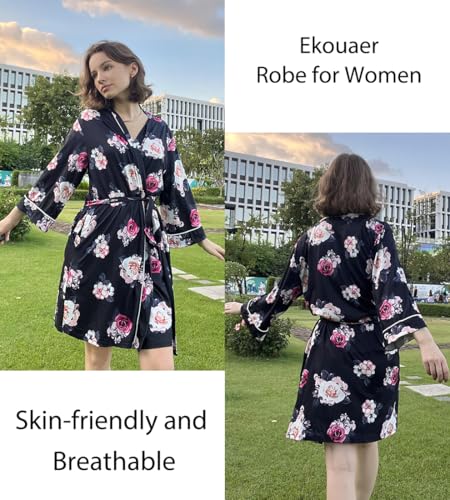 Image of Ekouaer Women Kimono Robes Knee Length Knit Bathrobe Lightweight Soft Sleepwear V-neck Casual Ladies Loungewear