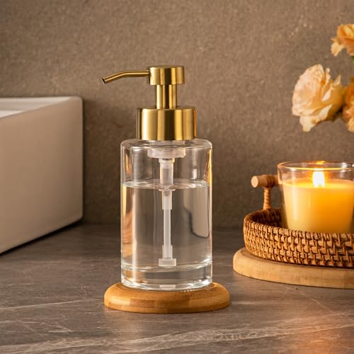 Image of Enra Foaming Soap Dispenser, Clear Thick Glass Bottle Gold Pump Bathroom