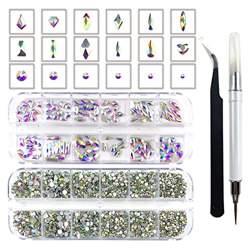 2640 Pcs Nail Art Rhinestones - Flat Back Multi-Shaped & Round,Crystals For Face Gems, Nail Art, Craft Decorations With Picker Pencil And Tweezers. (120 Crystals+2520 Clear Ab Rhinestones) #TOP6