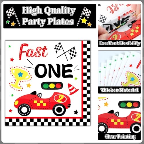 Image of Fast One Birthday Decorations for Boys Racing Car 1st Birthday Party Supplies Fast One Plates Napkins Forks Checked Race Car Disposable Paper Plates Tableware Set for Kids Favors Serve 25