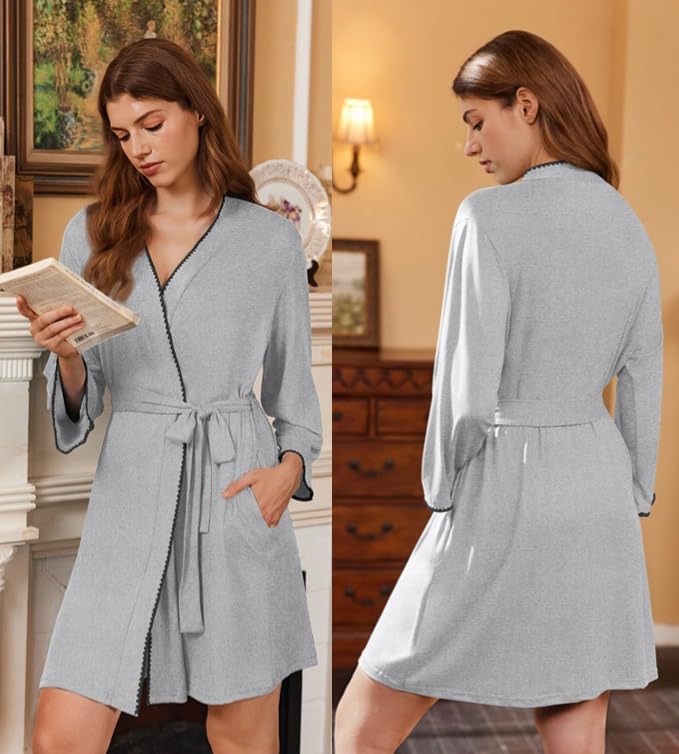 Ekouaer Robes for Women Knee Length Kimono Bathrobe 3/4 Sleeve Sleep Robe Cozy Sleepwear with Pockets S-XXL3