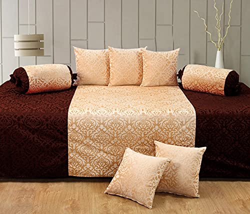 Image of Homesajja Premium Diwan Set of 8 (1 Sheet, 2 Bolster with Dori & 5 Cushion Covers) Coffee & Beije, Self