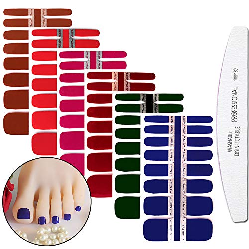 WOKOTO 6 Sheets Toenail Art Polish Stickers Strips Set Solid Color Manicure Decoration Adhesive Nail Wraps Decal Tips With 1Pc Nail File