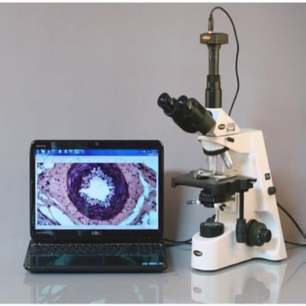 AmScope T690C-M Digital Trinocular Compound Microscope, 40X-2500X Magnification, WH10x and WH25x Super-Widefield Eyepieces, Infinity Objectives, Brightfield, Kohler Condenser, Double-Layer Mechanical Stage, Includes 1.3MP Camera with Reduction Lens and Software