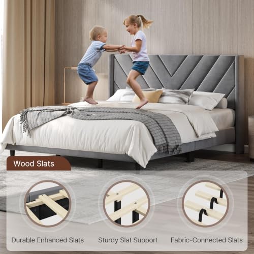 Image of Yaheetech King Bed Frame Upholstered Platform Bed /Wooden Slat Support /Tufted Headboard with Wing Side /Mattress Foundation /No Box Spring Needed,Light Gray King