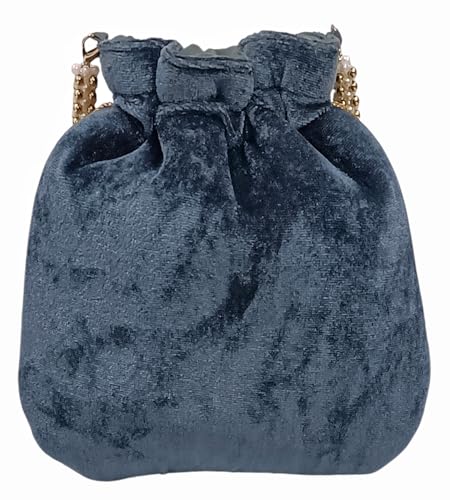 Image of Velvet Potli Bag with Golden & Silver Beaded Flower Embroidery - Handcrafted Ethnic Drawstring Bag for Weddings, Parties & Festive Gifts - Beaded Handle & Tassels for Women