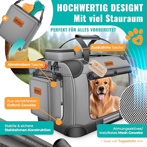 LOVPET® Transportbox Hund Katze Transporttasche XL 82x58x58cm | Hunde-Tragetasche Faltbare Katzentasche | Haustier-Transportbox inkl. Hundenapf & Schultergurt | für Katzen & Hunde Hellgrau