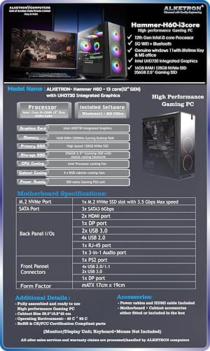 Image of ALKETRON Hammer H60 - Professional Gaming Desktop PC - i3 core 12th GEN(Alder Lake) Processor with UHD 730 Graphics - Fully Assembled PC (3Year Warranty)