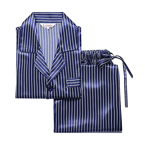 Lonxu Pajamas Set Mens Silk Satin Pajamas Long Sleeve Loungewear Two-Piece Sleepwear Button-Down Pj Set S-XXXXL, Navy Red, Large