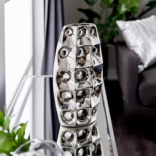 Deco 79 Vase 14" H, 8" W-71665, Ceramic, Silver, 8" x 4" x 14" - Image 4