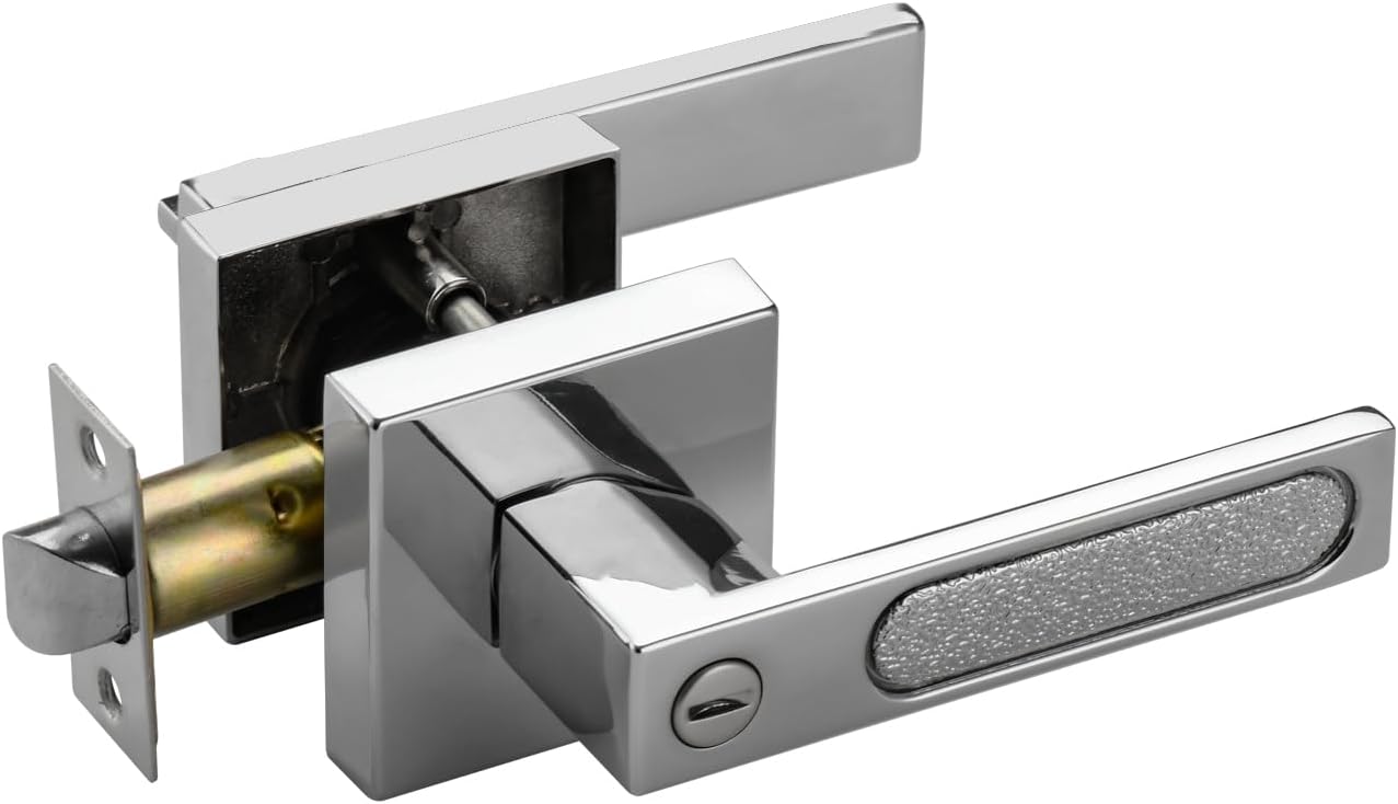 Privacy Door Knob Door Handles, Bright Chrome Door Handles Interior, Heavy Duty Door Lever with Ellipse Slot for Bath & Bed
