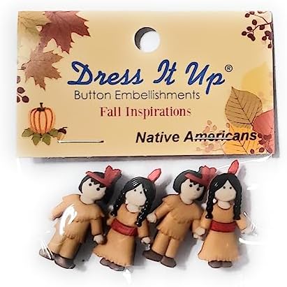 Native Americans Thanksgiving Buttons by Dress It Up, 4pc Fall Decor Craft Embellishments Set - 3D Plastic Indigenous Figures with Rear Shanks for Festive DIY Sewing, Scrapbooks, Autumn Crafts image 4