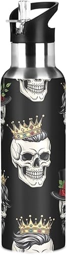 Funny Skulls Black Insulated Stainless Steel Water Bottle with Straw 20 Oz, BPA-Free Sport Water Bottle Insulated Leakproof Water Bottles