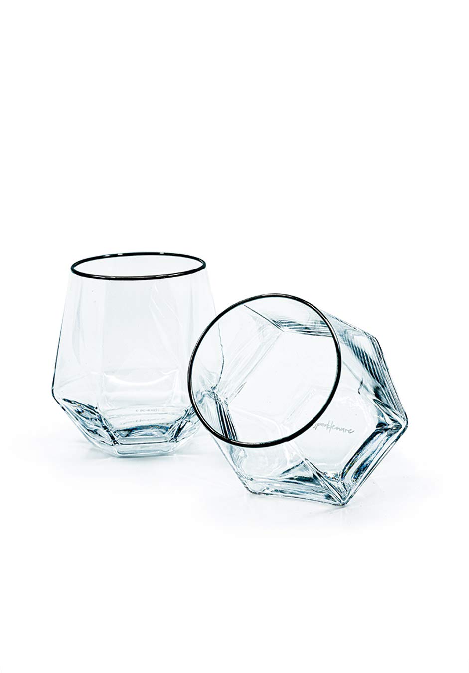 Sparkleware Diamond Whiskey Glasses Set of 2 Gift Boxed Tilted Tumbler Scotch Whisky Glass Modern for Men, Him, Dad, Husband, Friends (Platinum Rim)