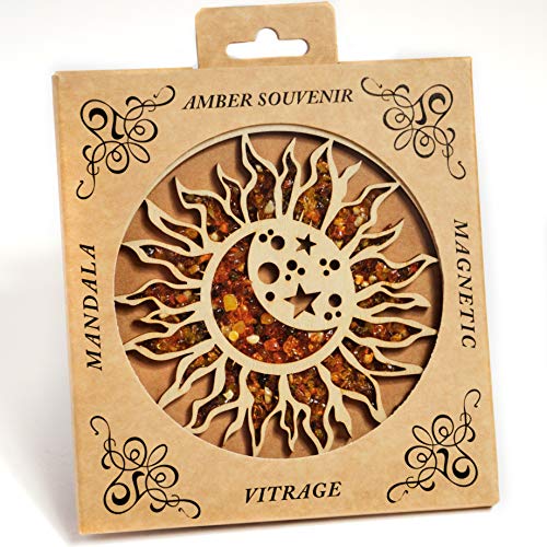 Handgefertigter baltischer Bernstein Mandala-Kunst-Dekoration, Buntglas-Souvenir, Edelstein Vitrage des Lebens (helle Sonne)