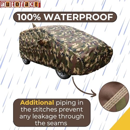 Image of Autofact 100% Waterproof Car Body Cover Compatible with Tata Nexon (2017 to 2023), with Mirror and Antenna Pockets,4 x 4 American Matty, Long Lasting Durable Material, Camouflage Army Look.