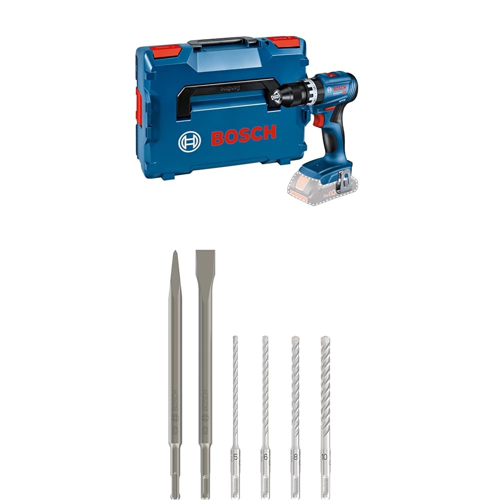 Bosch Professional 18V System GSB 18V-45 – Battery Hammer Drill (L-BOXX), Blue + Bosch Professional Set of 6 Bits and Chisels SDS Plus Light