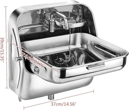 Compact Stainless Steel Wall-Mounted Folding Sink with Cold Water Faucet - Ideal Hand Wash Basin for RV, Camping, and Outdoor Use (37 x 39 x 37.5 cm)