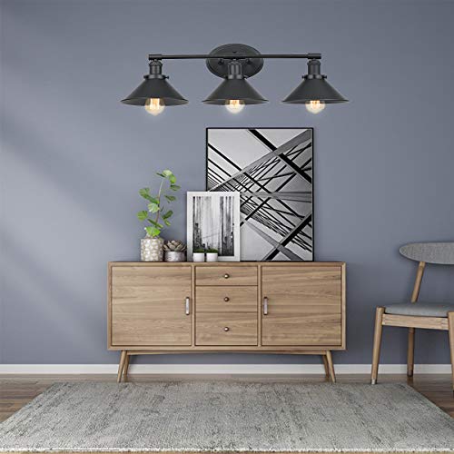 Topotdor Industrial 3-Light Wall Sconces with Black Metal Lamp Shade,Vintage Farmhouse Wall Light Fixture with E26 Base Socket for Bedroom Bathroom Mirror Cabinets Dressing Table (Black) - Thumbnail 3