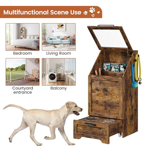 Dog Feeding Station with 2 Elevated Bowls, Pet Feeding Station,Flip Top Dog Food Storage Cabinet, Food Storage Container,Pet Toy Organizer,Modern Organizer,Brown