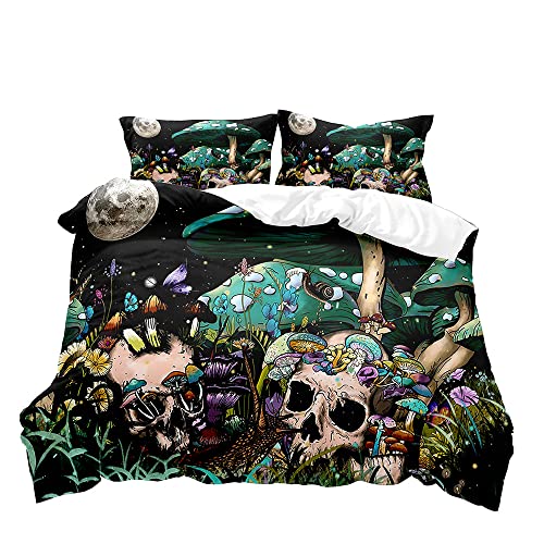 Vivihome 3Pcs Teal Trippy Mushroom Bedding, Sugar Skull Duvet Cover Full, Black Starry Sky Moon Fantasy Plant Botanical Fungus Flower Hippie Mushroom Comforter Bedspread Quilt Cover, 2 Pillowcases #TOP1
