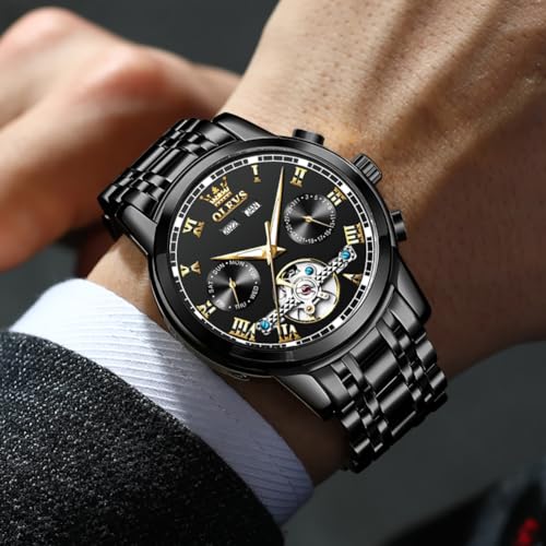 Image of OLEVS Watches for Men Automatic Mechanical, Luxury Waterproof Stainless Steel Wrist Watch, Self Winding No Battery Multi-Function Day Date 5-Hand Calendar, Classic Large Face Casual Business Dress Fashion Gifts for Men