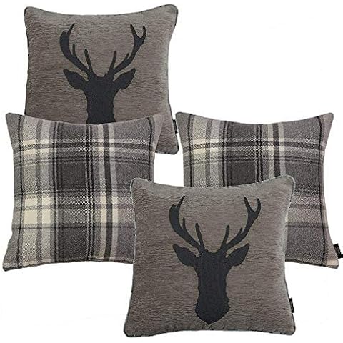 McAlister Textiles Stag | 4er Set Kissenbezüge Hirsch-Motiv Tartan kariert Cover