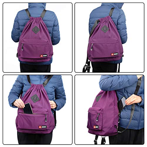 WANDF Drawstring Backpack with Shoe Pocket, String Bag Sackpack Cinch Water Resistant Nylon for Gym Shopping Sport Yoga (Purple with shoe pocket)