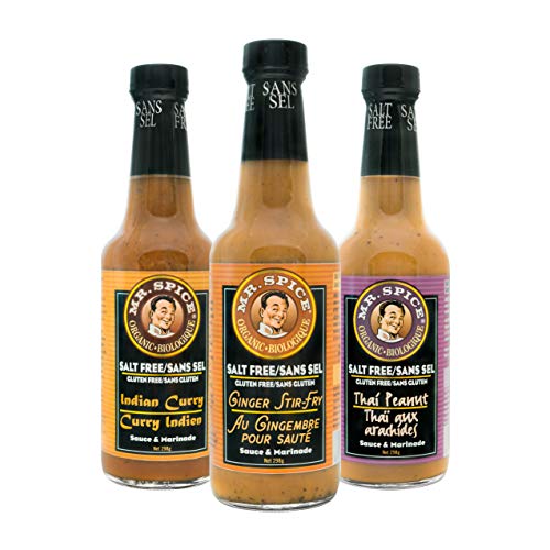 Mr. Spice Organic Salt Free Sauce - Ginger Stir Fry, Indian Curry , and Vegan Thai Peanut - Sodium and Gluten Free - Low Calorie Marinades (Asian Flare 3-Pack)
