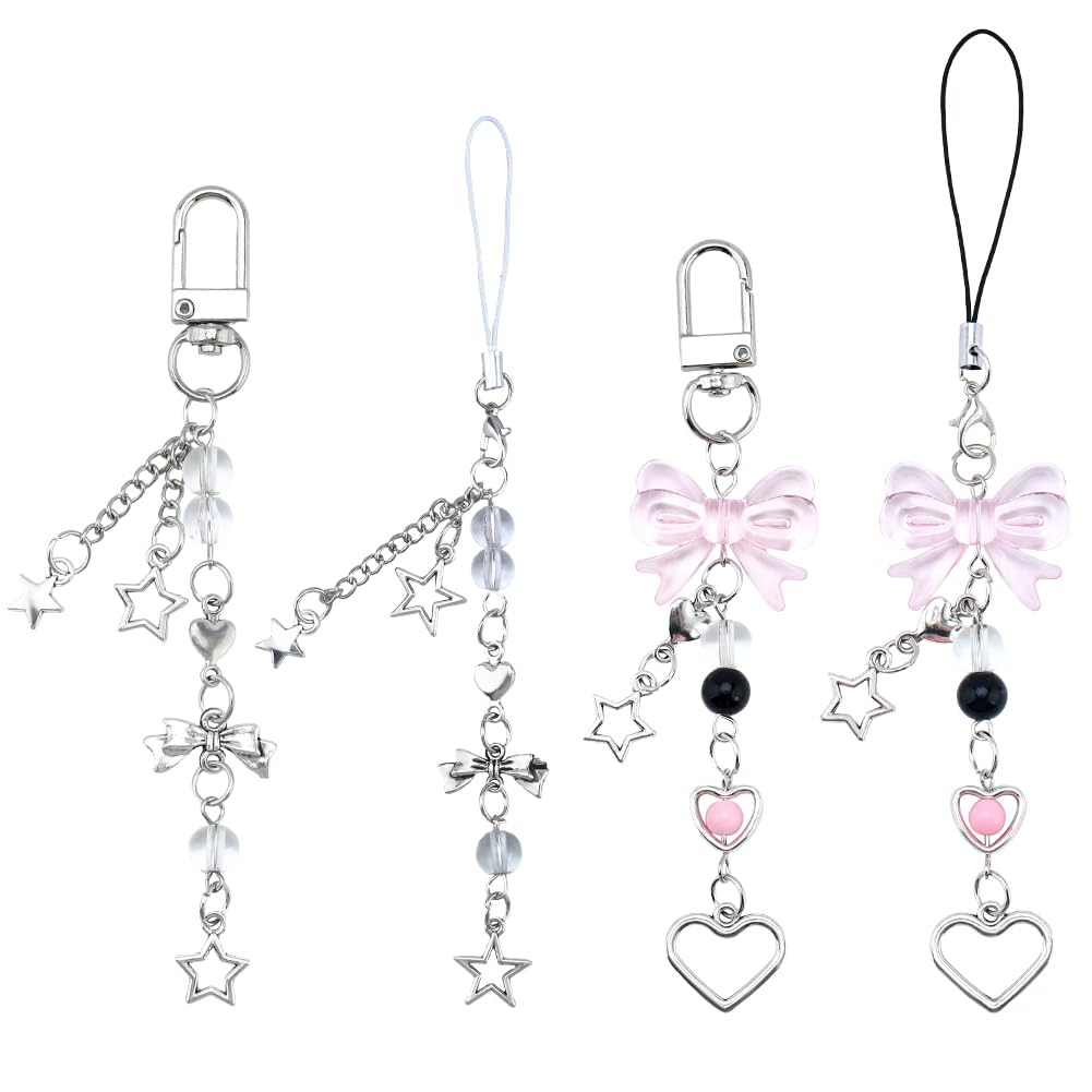 GORGECRAFTGORGECRAFT 4 Styles Alloy Bowknot Keychains Cute Bow Star Love Heart Beaded Key Chain Keyring Silver Decorative Y2K Cell Phone Charms for Key Purse Handbags Backpacks Decor Women Gifts Accessories
