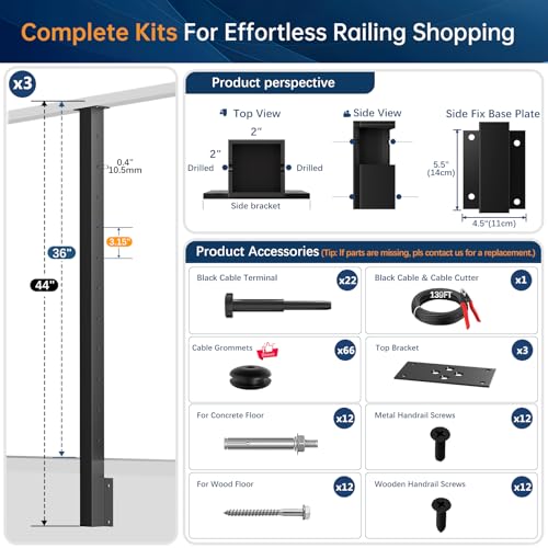 Image of Side Mount Cable Railing Post Kit for 36 inch Railing System (Post Body 44 inch), 3 Pack Black Side Mount Level Railing Post Kit, Space-Saving Fascia Mount Rail Post for Indoor Outdoor Deck DIY Length