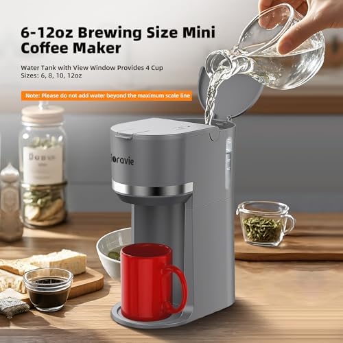 Horavie Mini Single Serve Coffee Maker for K Cup Pods and Grounds, Fast Brew One Cup Coffee Machine with Descaling Reminder and Water Window, 6 to 12 oz. Brew Sizes, Gray - 4