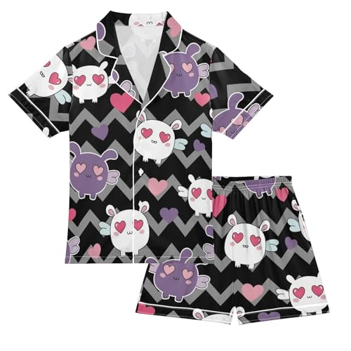 Satin Pajama Sets Short Sleeve Cute Rabbits with Hearts Button Down Silky Nightwear 2 Piece PJS 5-14Y