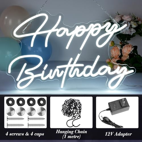 Tujoe 30" x 21" Happy Birthday Neon Sign Large Happy Birthday LED Neon Light Signs with Dimmable Switch 12V Power Adapter for Party Wall Decoration Bar Rave Home Decor Backdrop(Cold White,30" x 21") — view 4