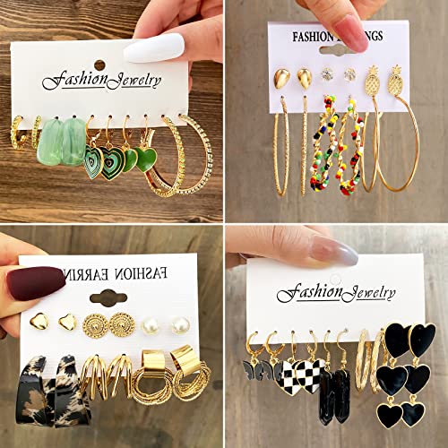 34 Pairs Gold Hoop Earrings Set for Women, Fashion Drop Dangle Earring Packs Black Hearts Earrings Multipack Hypoallergenic Earrings for Valentine's Day Gifts4