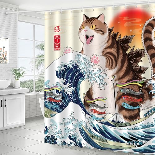 Image of Funny Chubby Cat Monster Shower Curtain Set, Japanese Anime Sunset Ocean Waves Home Bathroom Decor, Polyester Cloth Fabric Bath Curtain with 12 Hooks 72 inch W x 72 inch L