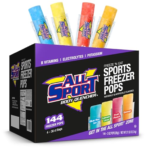 All Sport Freezer Pops Giant Sized 3oz 144 CT Refreshing Ice Pops with Electrolytes B Vitamins & Potassium Blue Raz Ice Lemon Lime Fruit Punch & Orange