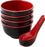 Chef Miso Set of 4 Melamine Noodle Soup Bowls and Spoons - Red and Black 12 Ounce
