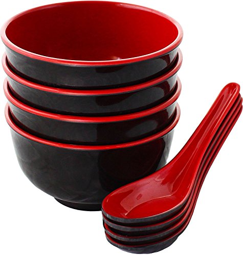 Chef Miso Set of 4 Melamine Noodle Soup Bowls and Spoons - Red and Black 12 Ounce