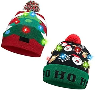 SHOKUTO 2Pcs Christmas LED Light Up Hat, Xmas Beanie Knitted Hat, 6 Colorful LED Unisex Novelty LED Christmas Hat Ugly Sweater Holiday Beanie Cap for Children and Adult