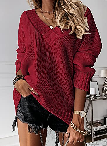 Image of Womens Loose Sweaters Sexy V Neck Long Sleeve Solid Knitted Jumper Pullover Sweatshirt Tops