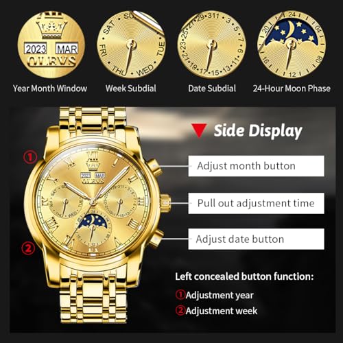 Image of OLEVS Mens Automatic Watch Mechanical Self Winding Luxury Business Dress Moon Phase Stainless Steel Calendar Wrist Watches for Men Waterproof Luminous