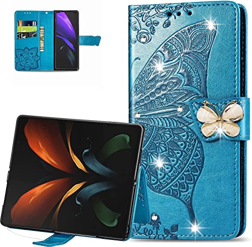 CCSmall Wallet Case for Samsung Galaxy Z Fold 4 5G, 3D Butterfly Flower PU Leather with Credit Card Slots Holder Magnetic Closure Folio Phone Cover for Samsung Galaxy Z Fold 4 5G Rhinestone Blue