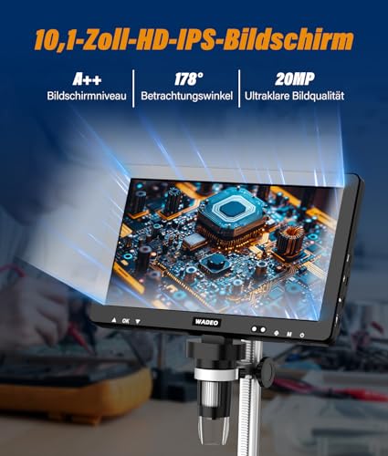 WADEO 10,1-Zoll-LCD-Digitalmikroskop 1500x inkl. 32GB Karte, Tragbares Mikroskop USB-Digitalmikroskop Lötmikroskop mit 8 LEDs und Metallständer, MacOS Windows kompatibel, für Reparaturen und Löten